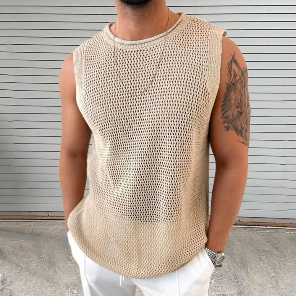 Translucent Sleeveless Men's Vest Top O Neck Sleeveless Hollow Pullover Vest  Solid Color Hollow Knitting Tops Fitness Men Vest