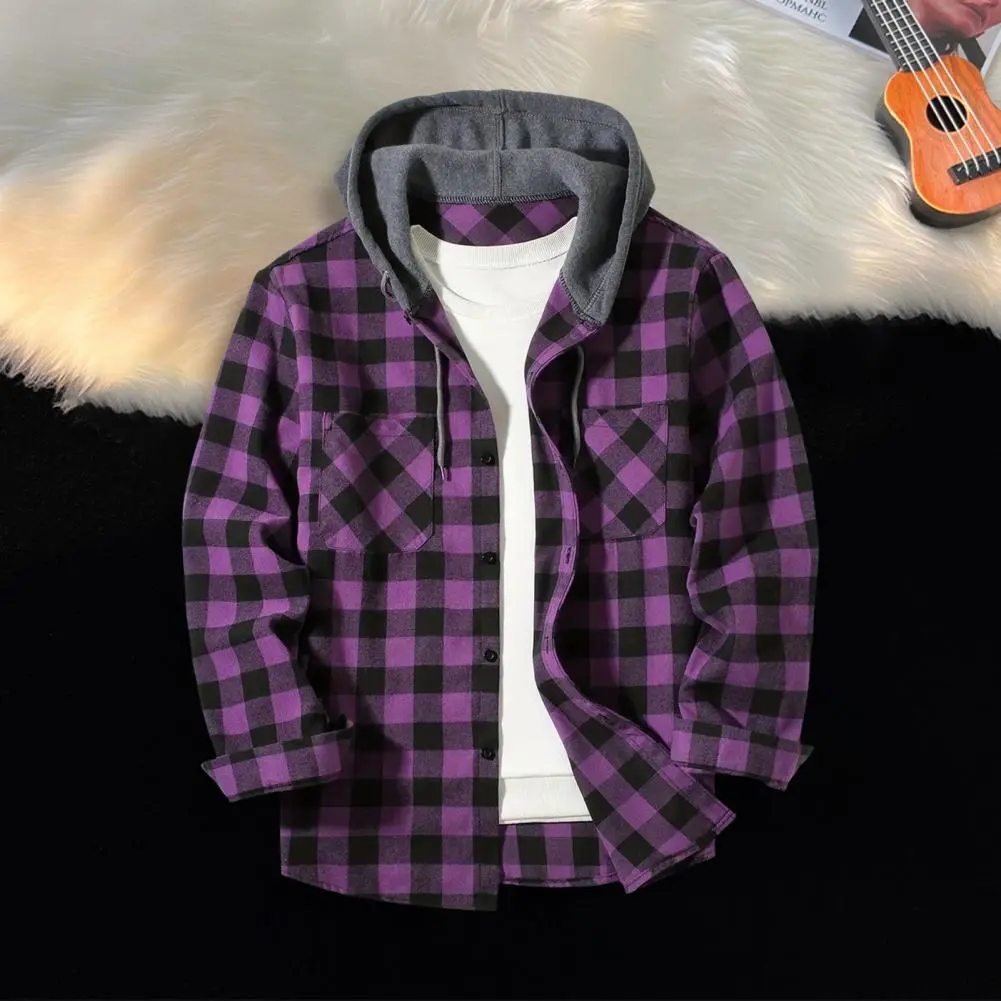 2025 Plaid Men Flannel Shirt Spring Men Shirt Hooded Drawstring Long Sleeves Color Matching Plaid Print Hooded Shirt Coat