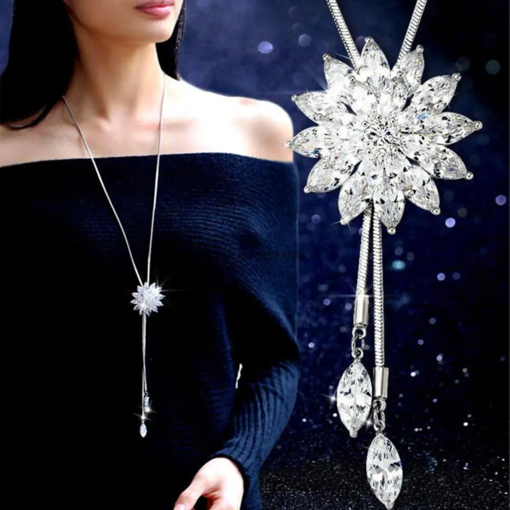 Women Chain Pendant Necklaces Flower Necklace hining Rhinestones Inlay Tulip/Rose Flower Swan/Bow Tassel Charms Sweater Necklace
