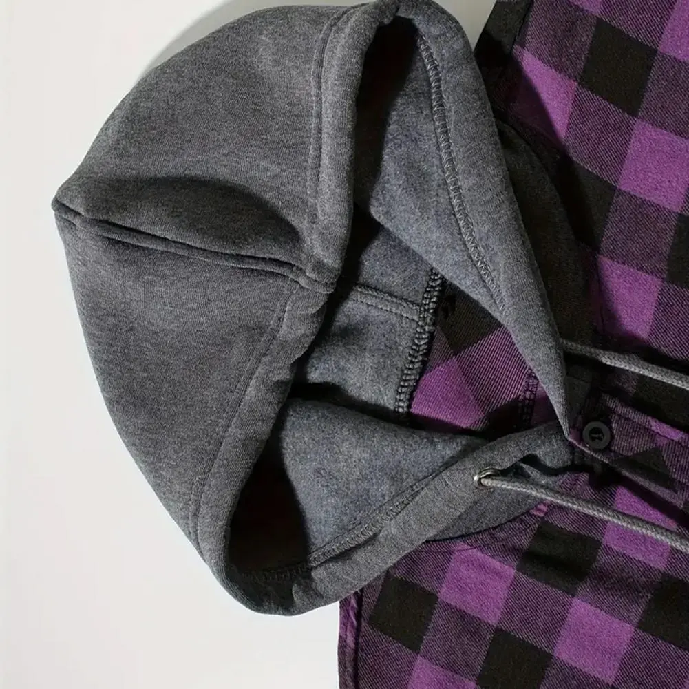 2025 Plaid Men Flannel Shirt Spring Men Shirt Hooded Drawstring Long Sleeves Color Matching Plaid Print Hooded Shirt Coat