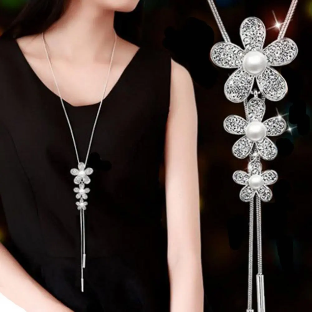 Women Chain Pendant Necklaces Flower Necklace hining Rhinestones Inlay Tulip/Rose Flower Swan/Bow Tassel Charms Sweater Necklace