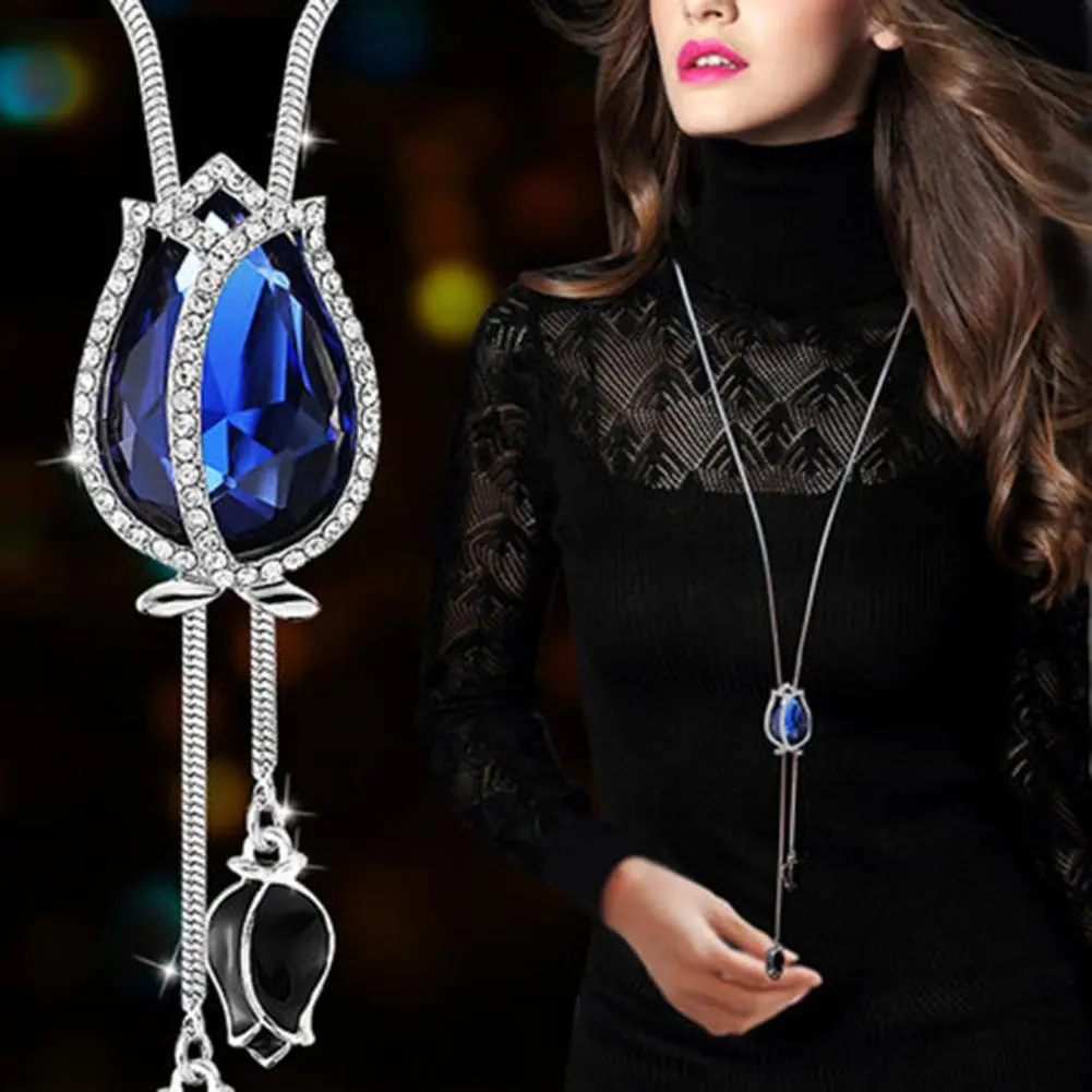 Women Chain Pendant Necklaces Flower Necklace hining Rhinestones Inlay Tulip/Rose Flower Swan/Bow Tassel Charms Sweater Necklace