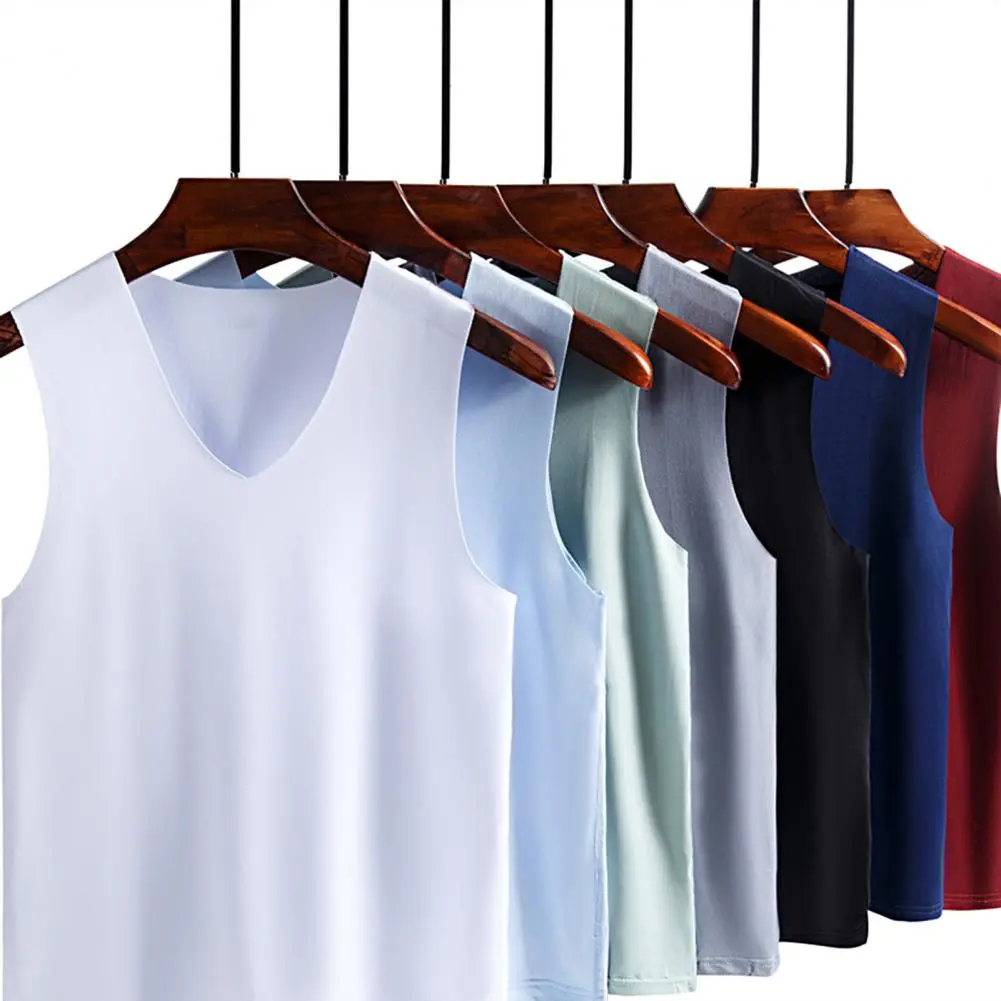 2025 Men Vest Ice Silk Vest Men's Shoulder Seamless Modal Sleeveless T-shirt Men's Fitness Sports Loose Summer Base V-neck Vest