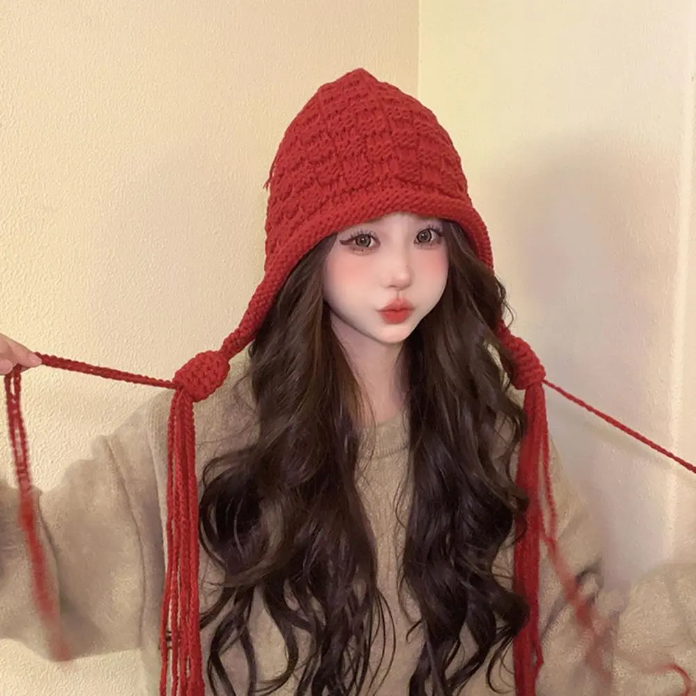One-piece Hood Hat Knitted Hat Stylish Winter Hat for Women Long Tassel Knitted Beanie with Elastic Anti-slip Design Soft Ear