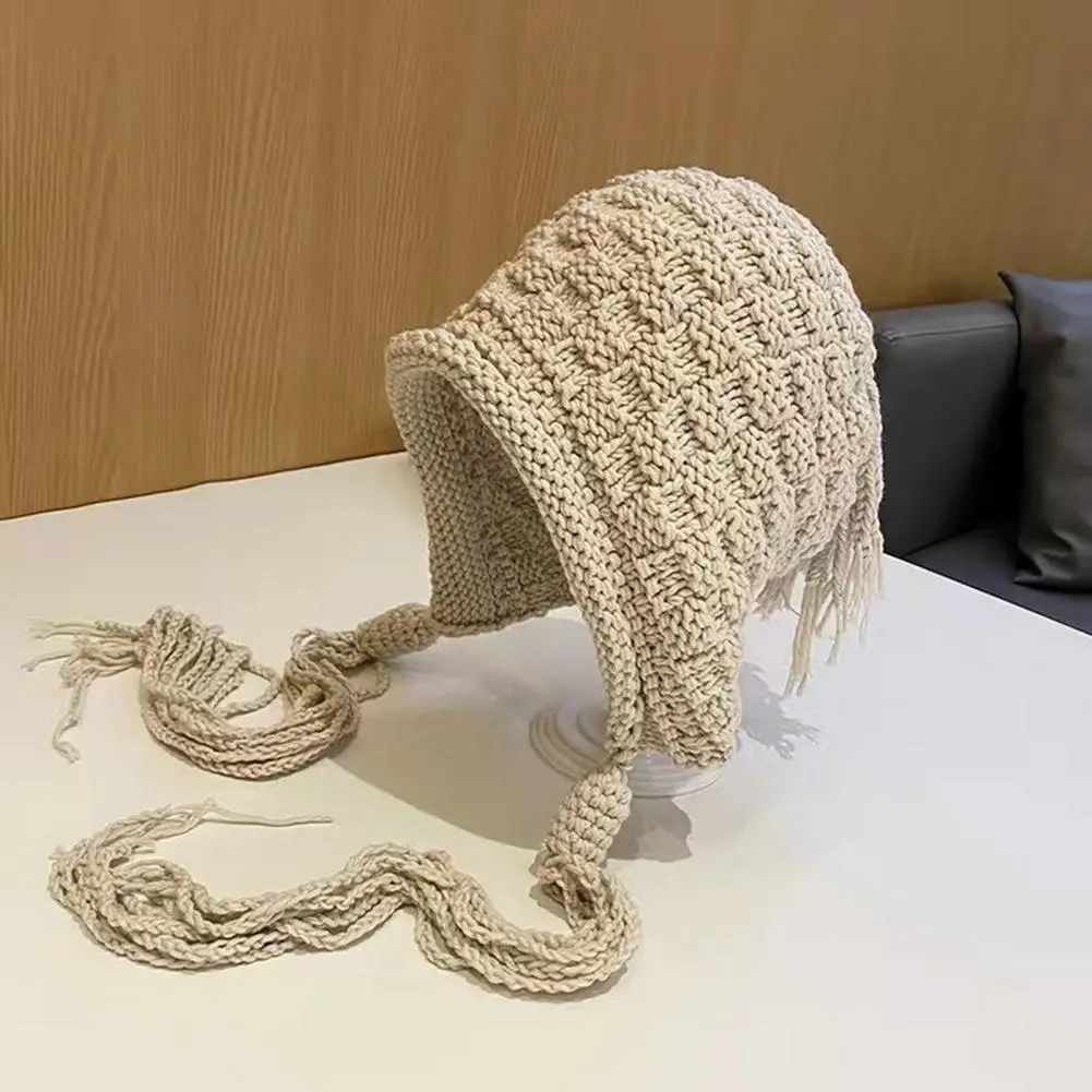 One-piece Hood Hat Knitted Hat Stylish Winter Hat for Women Long Tassel Knitted Beanie with Elastic Anti-slip Design Soft Ear