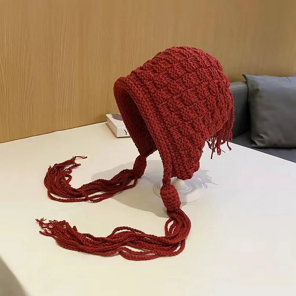 One-piece Hood Hat Knitted Hat Stylish Winter Hat for Women Long Tassel Knitted Beanie with Elastic Anti-slip Design Soft Ear