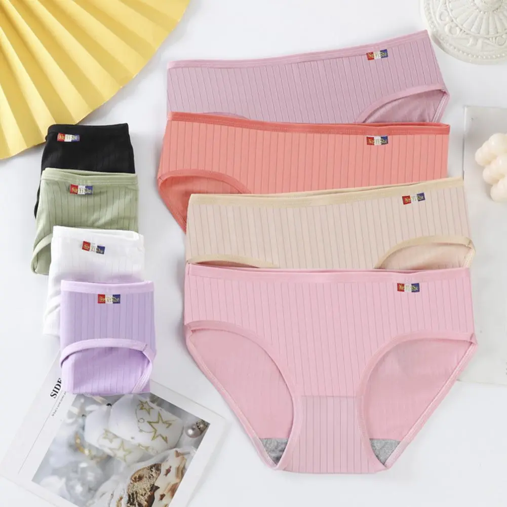 2025 Stretchy Ribbed Women Briefs Mid-rise Elastic Waistband Cotton Crotch Women Briefs Soft Solid Color Ribbed Sexy Panties