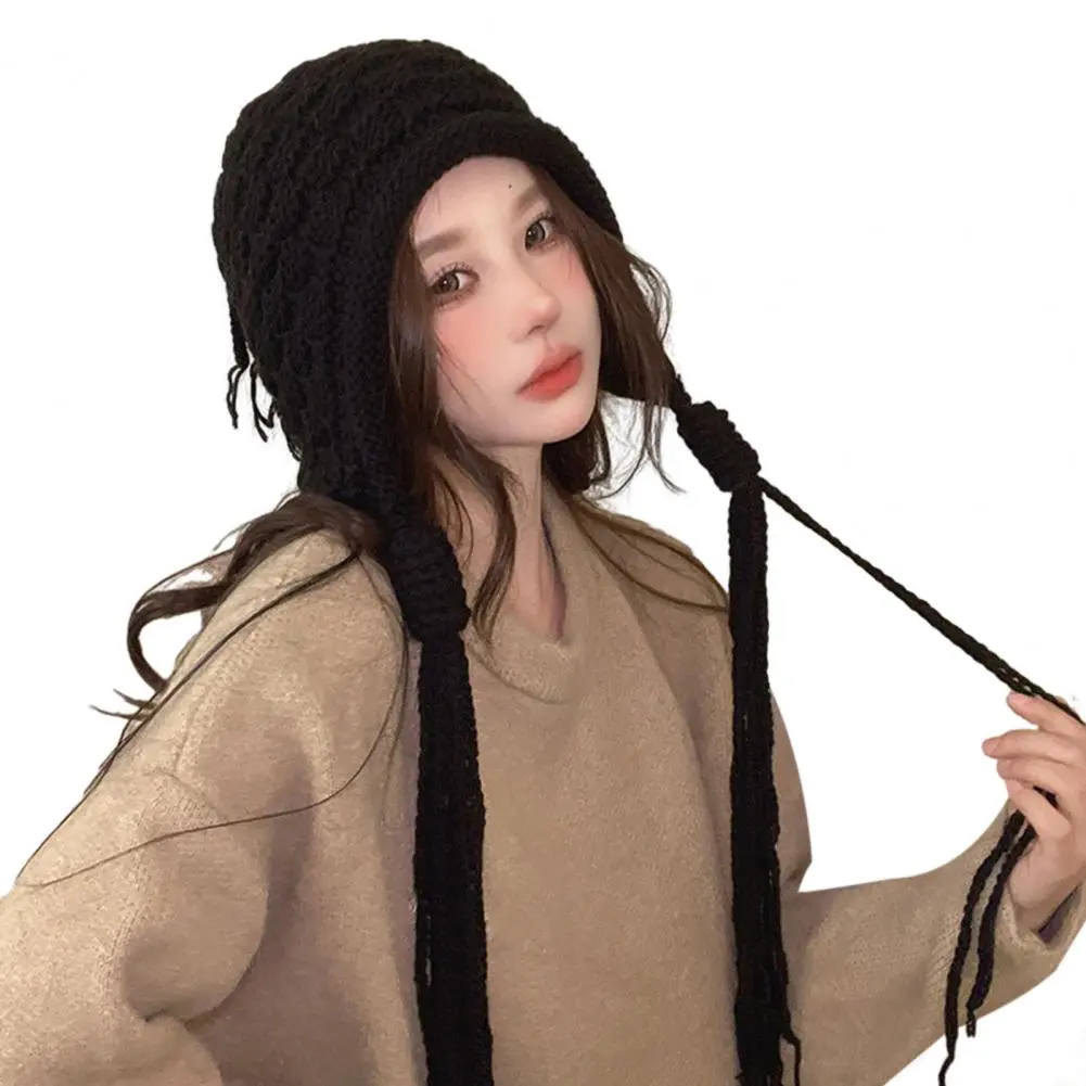 One-piece Hood Hat Knitted Hat Stylish Winter Hat for Women Long Tassel Knitted Beanie with Elastic Anti-slip Design Soft Ear