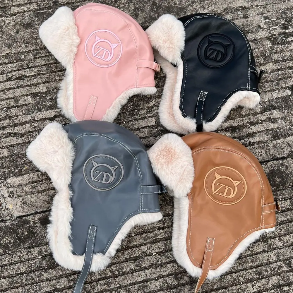 Russian Bomber Hat Fluffy Windproof Ear Plush Lining Trapper Hat Coldproof Alphabet Bomber Hat Outdoor Earflap Hats