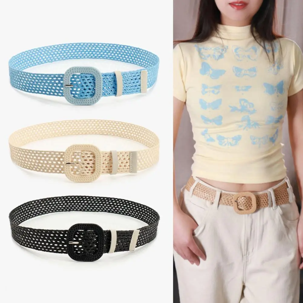 Minimalist Straw Belt Oval Square Buckle Belt Straw Woven Belt with Oval Square Buckle Hollow Design Decorative Jeans 2025