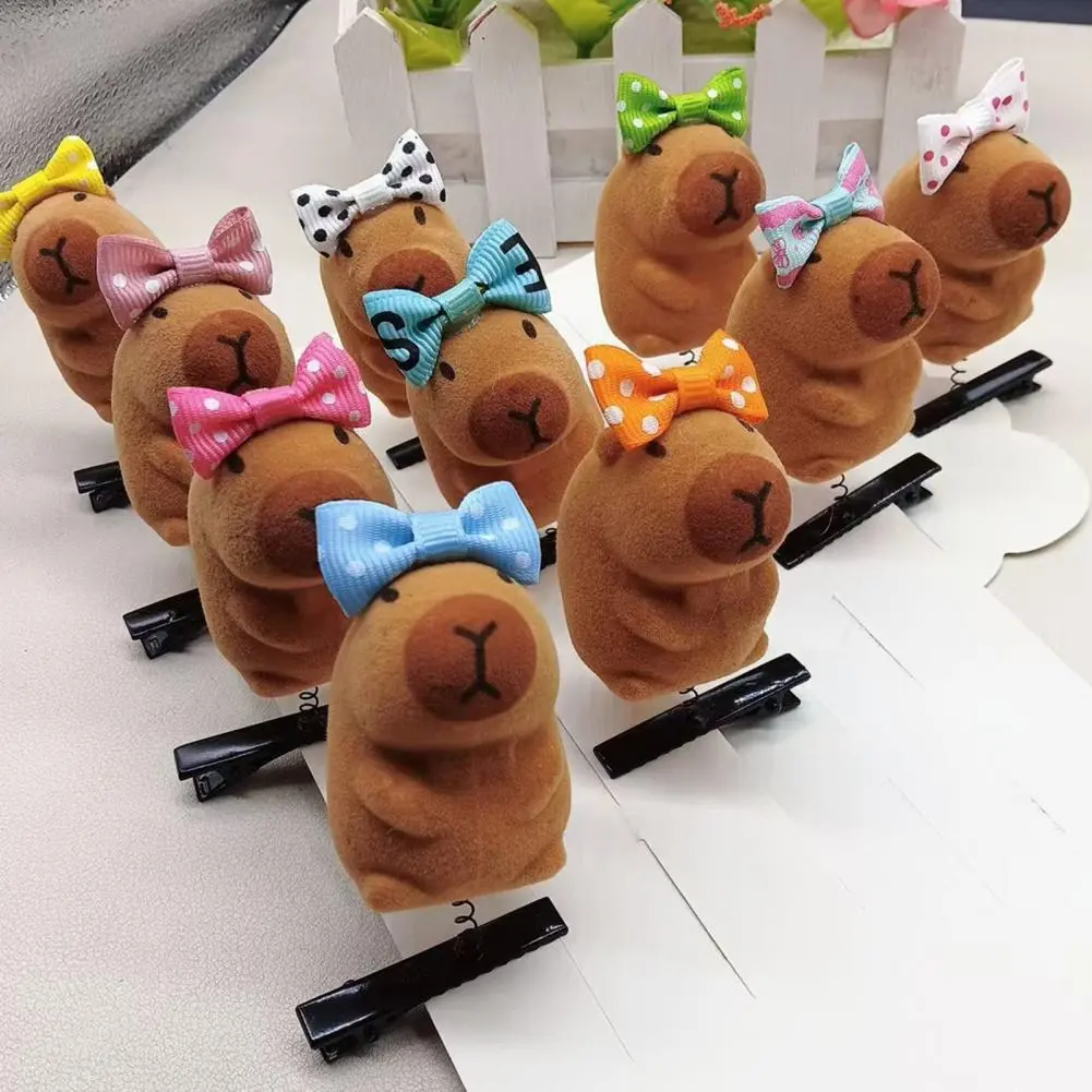 Kapibara Themed Clip Kapibara Hair Clip Colorful Cartoon Hair Clips Set 6pcs Elastic Hairpins with Bowknot Decor for Girls