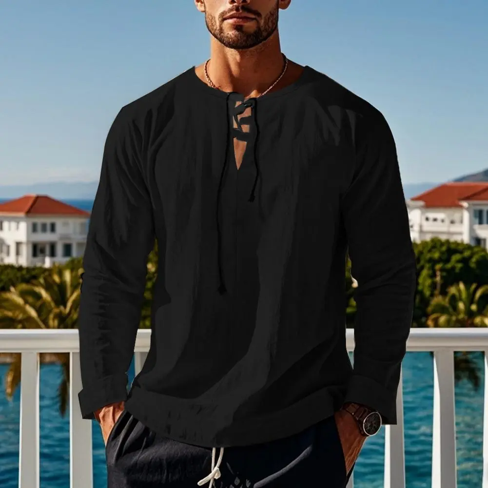 Men's Cotton Shirt Summer Loose Bandage V-neck Long-sleeved T-shirt Solid Color Cotton And Linen Beach Ruff Shirt Beach Top