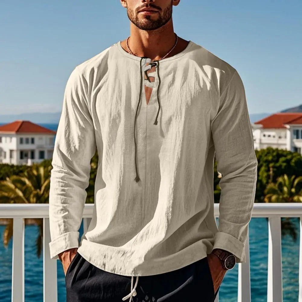Men's Cotton Shirt Summer Loose Bandage V-neck Long-sleeved T-shirt Solid Color Cotton And Linen Beach Ruff Shirt Beach Top