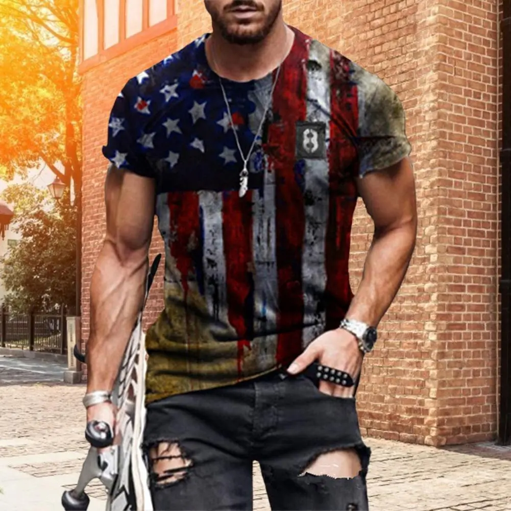 Men Blouse America Flag Printed Casual Short Sleeve Tee Tops Fashion Shirts Quick Dry Work Tshirt Pullover Clothing Men Clothing