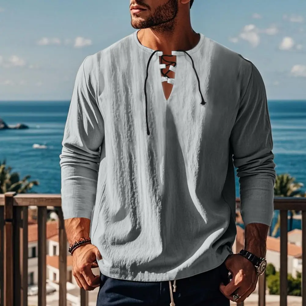 Men's Cotton Shirt Summer Loose Bandage V-neck Long-sleeved T-shirt Solid Color Cotton And Linen Beach Ruff Shirt Beach Top