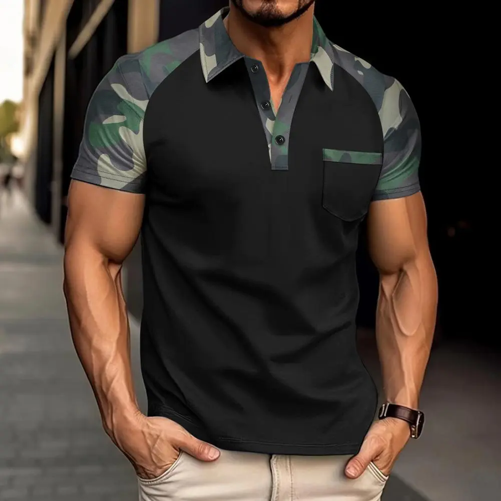 Men Chest Pocket T-shirt Lapel Short Sleeve Camouflage Patchwork Color Tee Shirt With Front Pocket Outdoor Lapel Work T-shirt