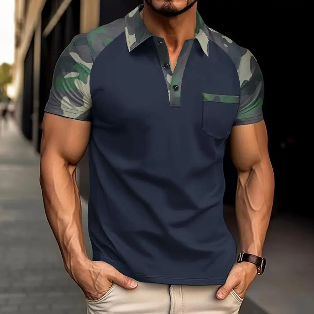 Men Chest Pocket T-shirt Lapel Short Sleeve Camouflage Patchwork Color Tee Shirt With Front Pocket Outdoor Lapel Work T-shirt