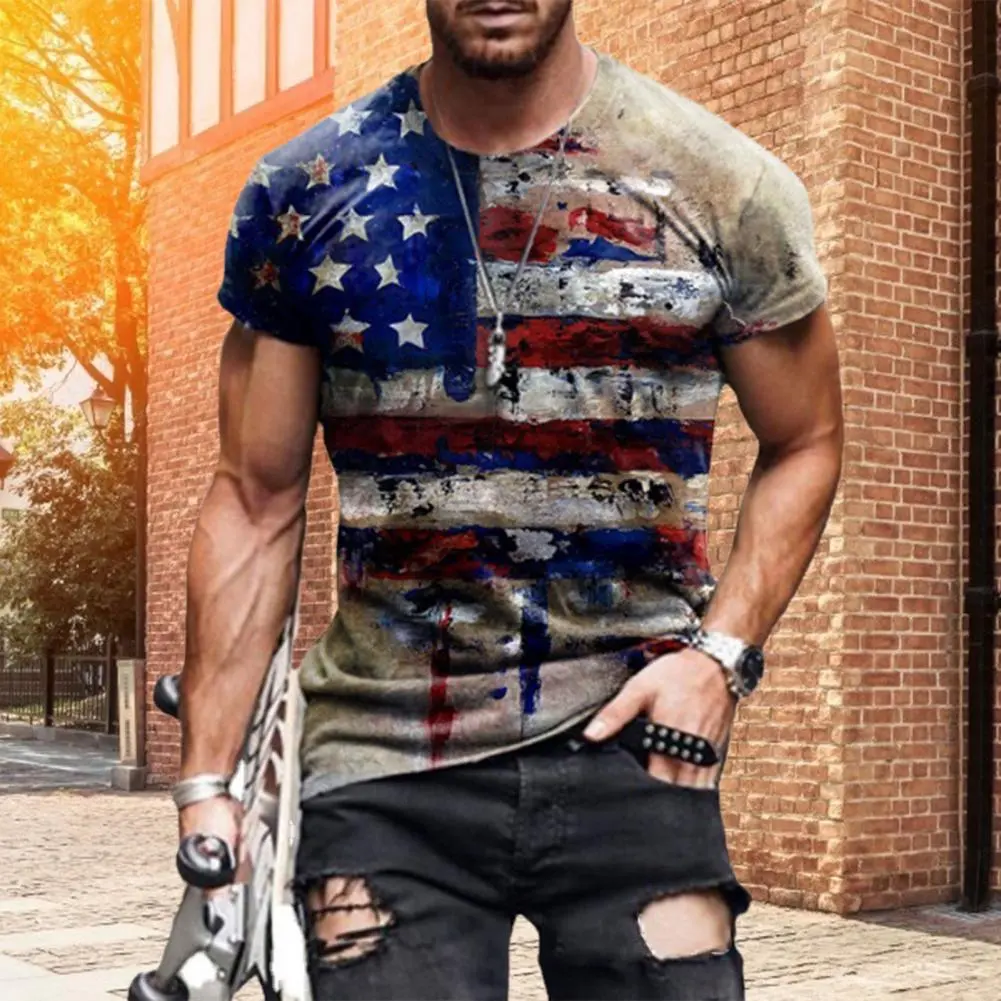 Men Blouse America Flag Printed Casual Short Sleeve Tee Tops Fashion Shirts Quick Dry Work Tshirt Pullover Clothing Men Clothing