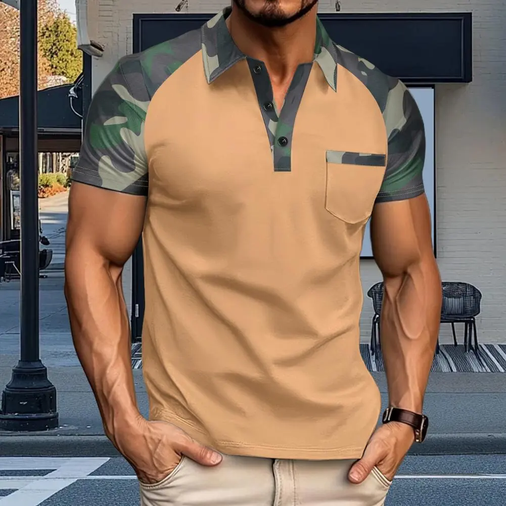 Men Chest Pocket T-shirt Lapel Short Sleeve Camouflage Patchwork Color Tee Shirt With Front Pocket Outdoor Lapel Work T-shirt