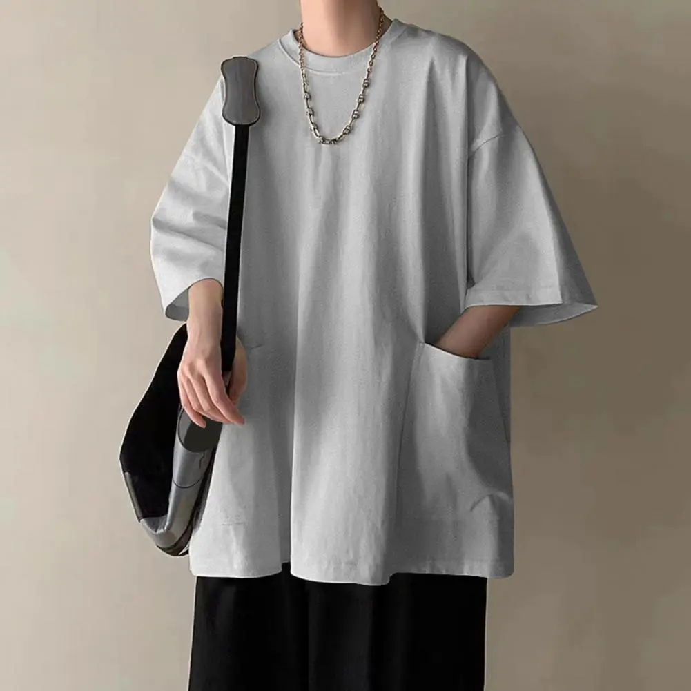 2025 Summer Men T-shirt Round Neck Loose Mid Length Youthful Men T-shirt Pockets Half Sleeves Streetwear Outdoor Commute Shirt