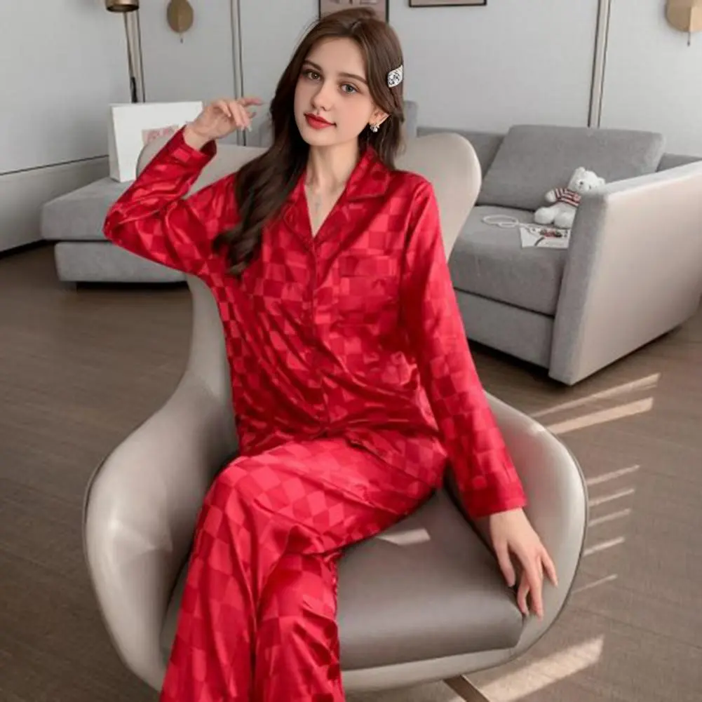 Women Loungewear Set Women Pajamas Elegant Satin Pajamas Set for Women Button Down Long Sleeve Top Pants for Girls for Autumn