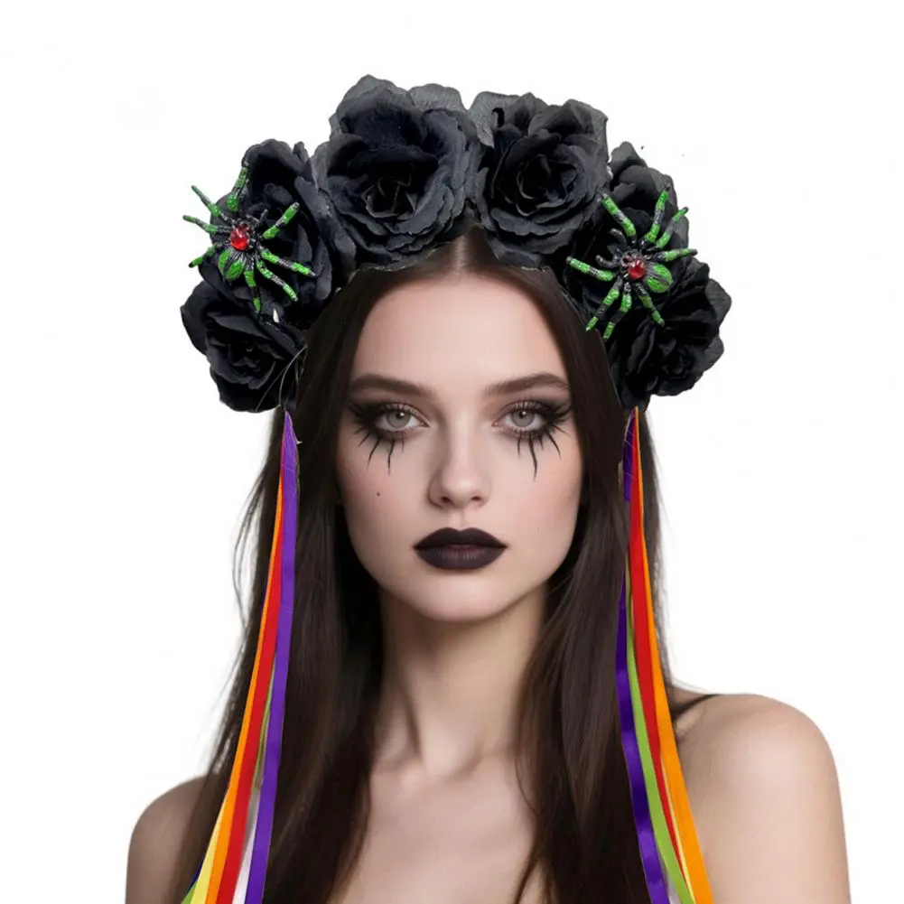 2025 Halloween Flower spider Hairband Versatile Hair Accessory Colorful Flower Decor Women's Satin Headband Hair Hoop