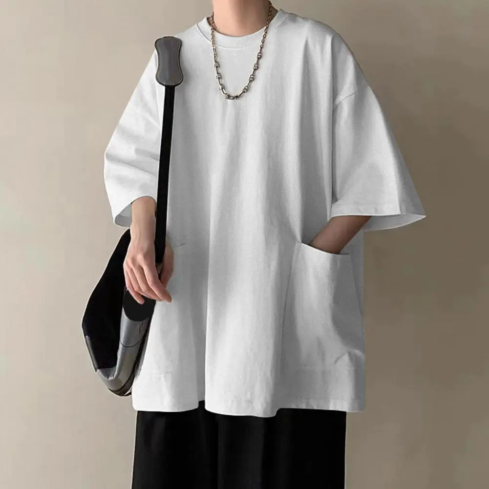 2025 Summer Men T-shirt Round Neck Loose Mid Length Youthful Men T-shirt Pockets Half Sleeves Streetwear Outdoor Commute Shirt