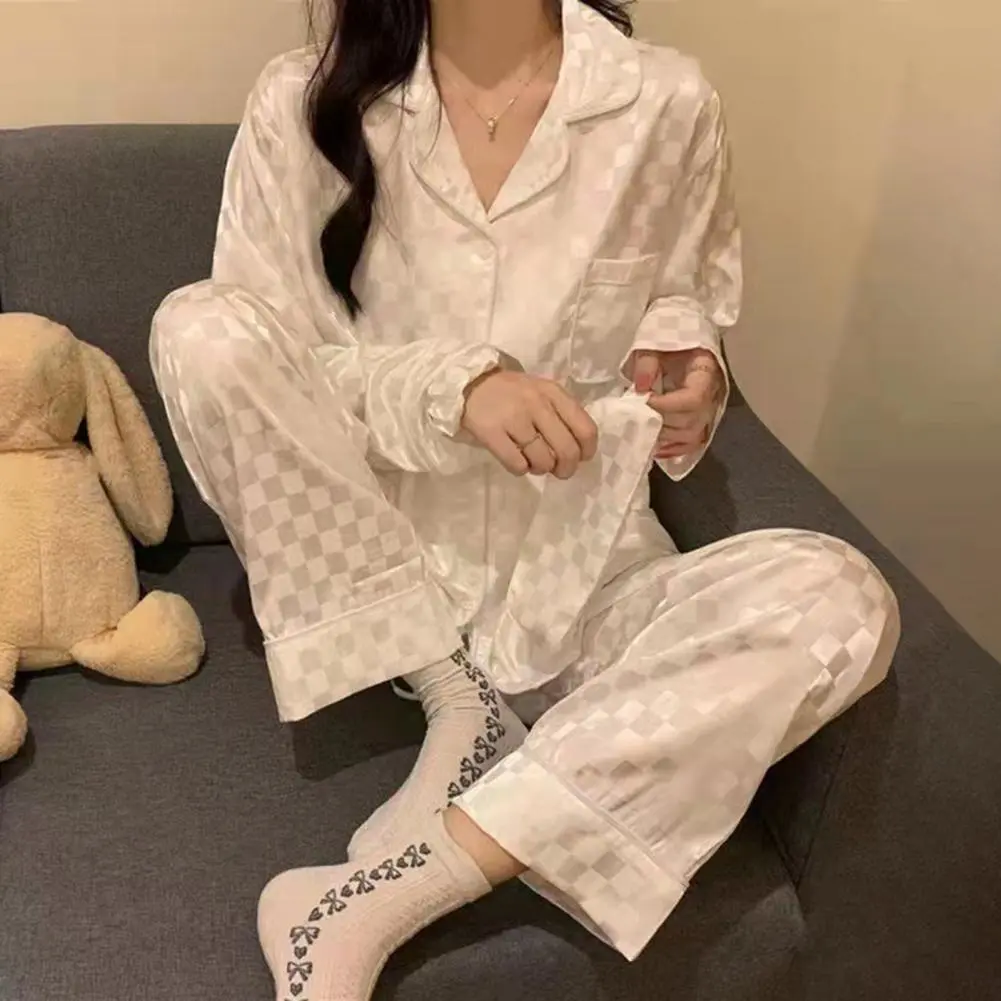 Women Loungewear Set Women Pajamas Elegant Satin Pajamas Set for Women Button Down Long Sleeve Top Pants for Girls for Autumn