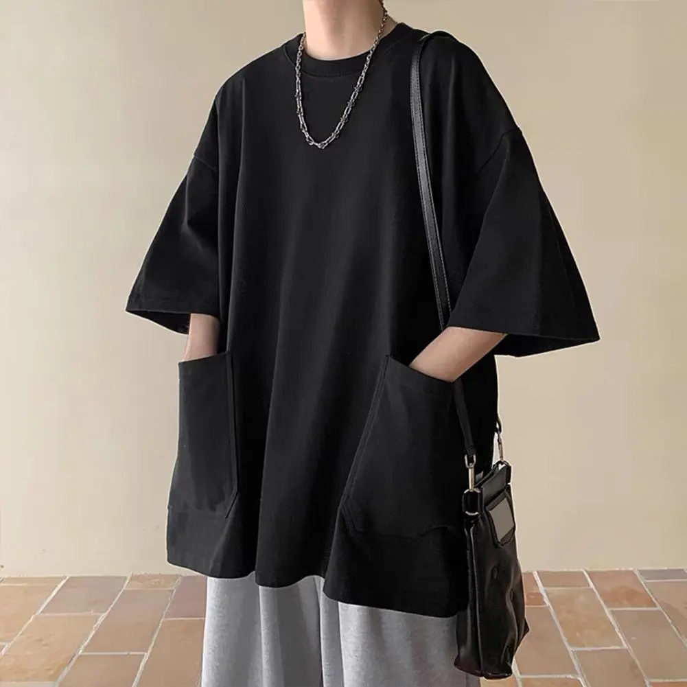 2025 Summer Men T-shirt Round Neck Loose Mid Length Youthful Men T-shirt Pockets Half Sleeves Streetwear Outdoor Commute Shirt