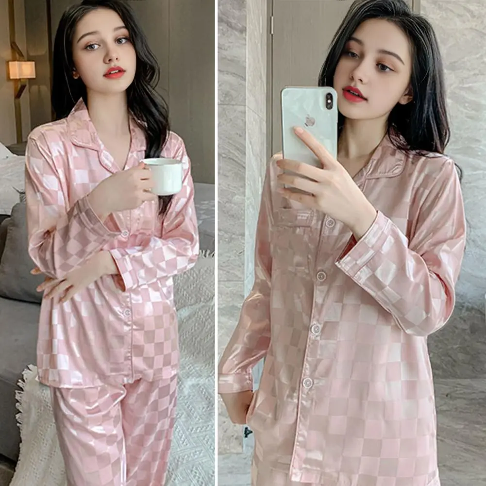 Women Loungewear Set Women Pajamas Elegant Satin Pajamas Set for Women Button Down Long Sleeve Top Pants for Girls for Autumn