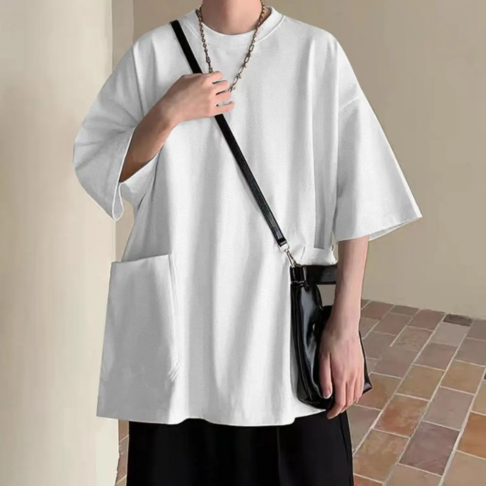 2025 Summer Men T-shirt Round Neck Loose Mid Length Youthful Men T-shirt Pockets Half Sleeves Streetwear Outdoor Commute Shirt