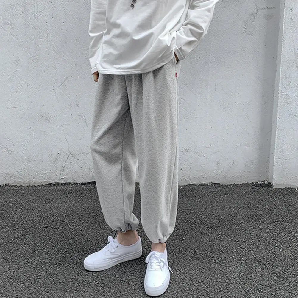 2025 Winter Men Pants Solid Color Relaxed Fit Elastic Waist Ankle Tied Trousers Sweatpants Loose Ankle Tied Sports Pants