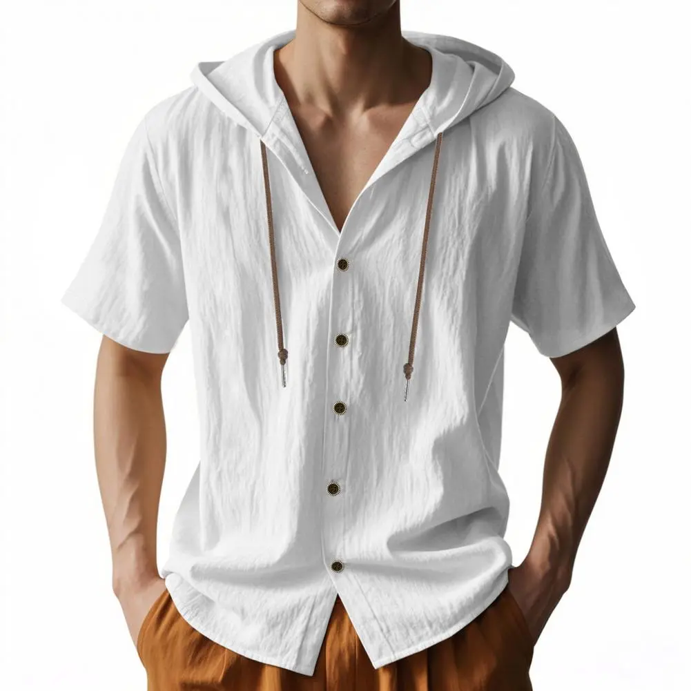 Men's Linen Hooded Shirt Solid Color Short Sleeve Shirt Loose Fit Button Down Lightweight Men Shirt Summer Classic Men Shirts