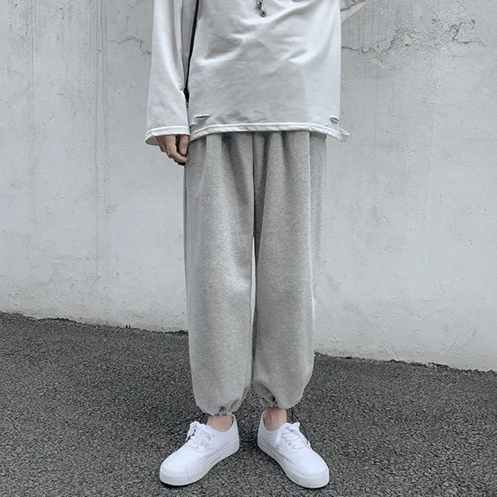 2025 Winter Men Pants Solid Color Relaxed Fit Elastic Waist Ankle Tied Trousers Sweatpants Loose Ankle Tied Sports Pants