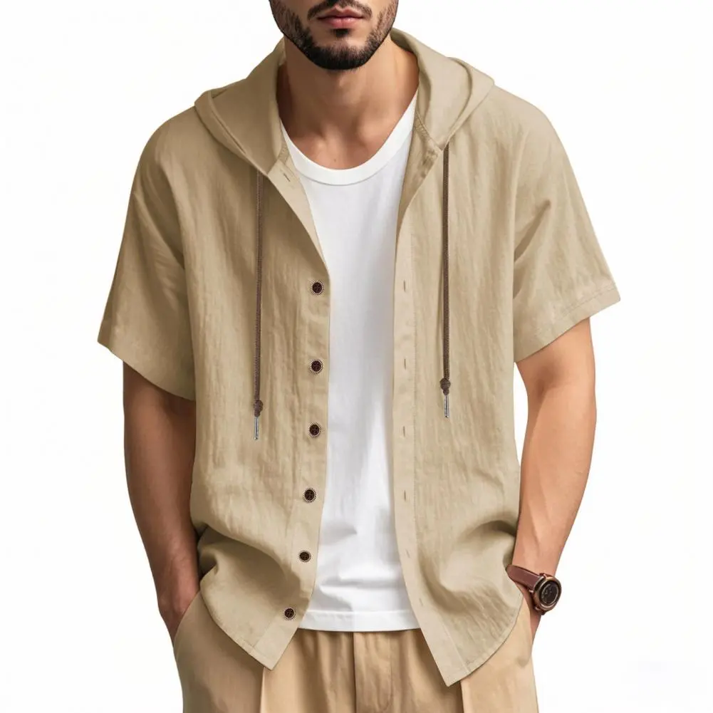 Men's Linen Hooded Shirt Solid Color Short Sleeve Shirt Loose Fit Button Down Lightweight Men Shirt Summer Classic Men Shirts