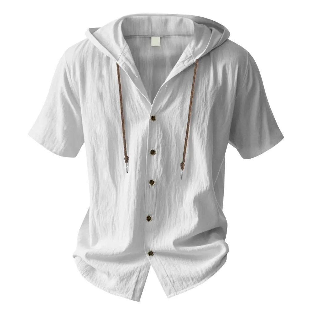 Men's Linen Hooded Shirt Solid Color Short Sleeve Shirt Loose Fit Button Down Lightweight Men Shirt Summer Classic Men Shirts