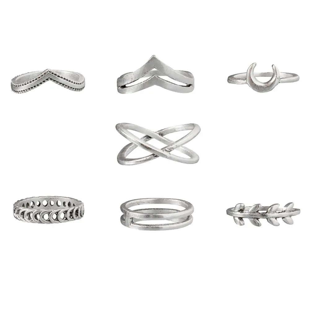 7Pcs Alloy Finger Rings Cross Moon Electroplate Leaf Shap Rings Vintage Leaf 7-Piece Ring Set