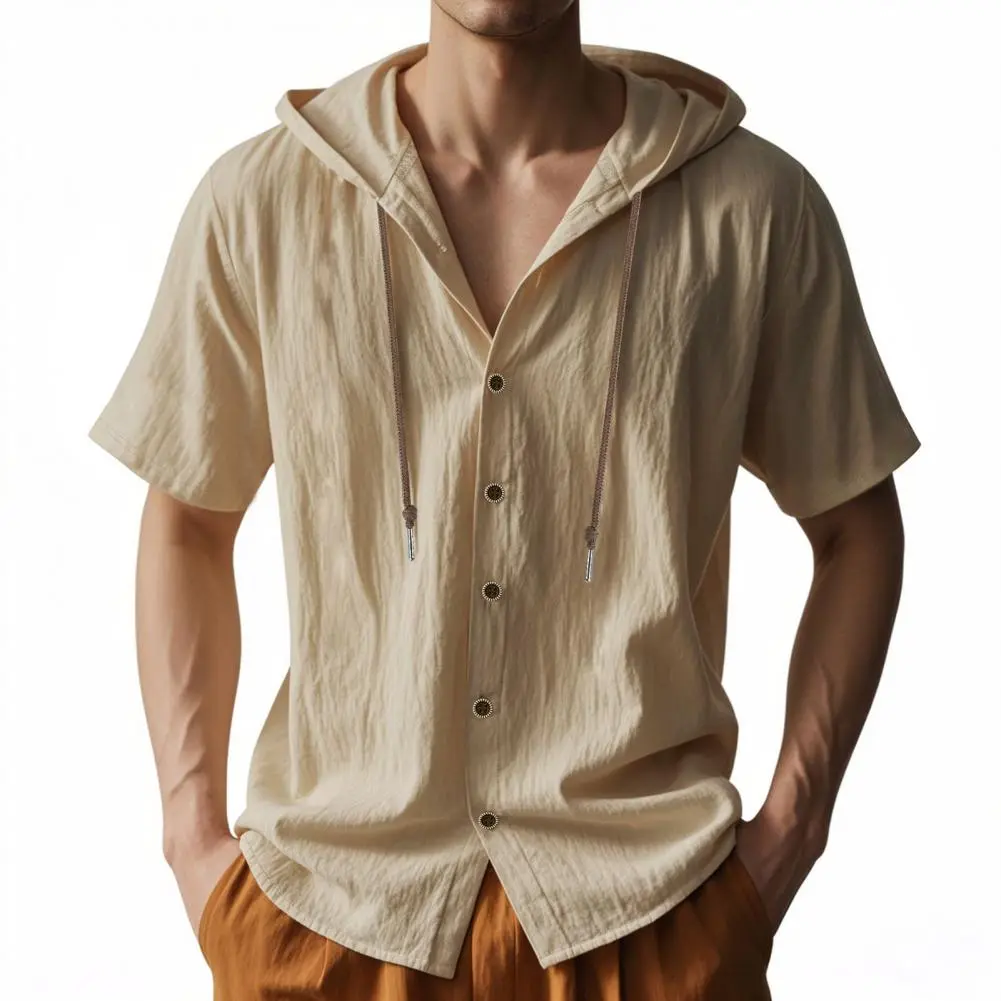 Men's Linen Hooded Shirt Solid Color Short Sleeve Shirt Loose Fit Button Down Lightweight Men Shirt Summer Classic Men Shirts