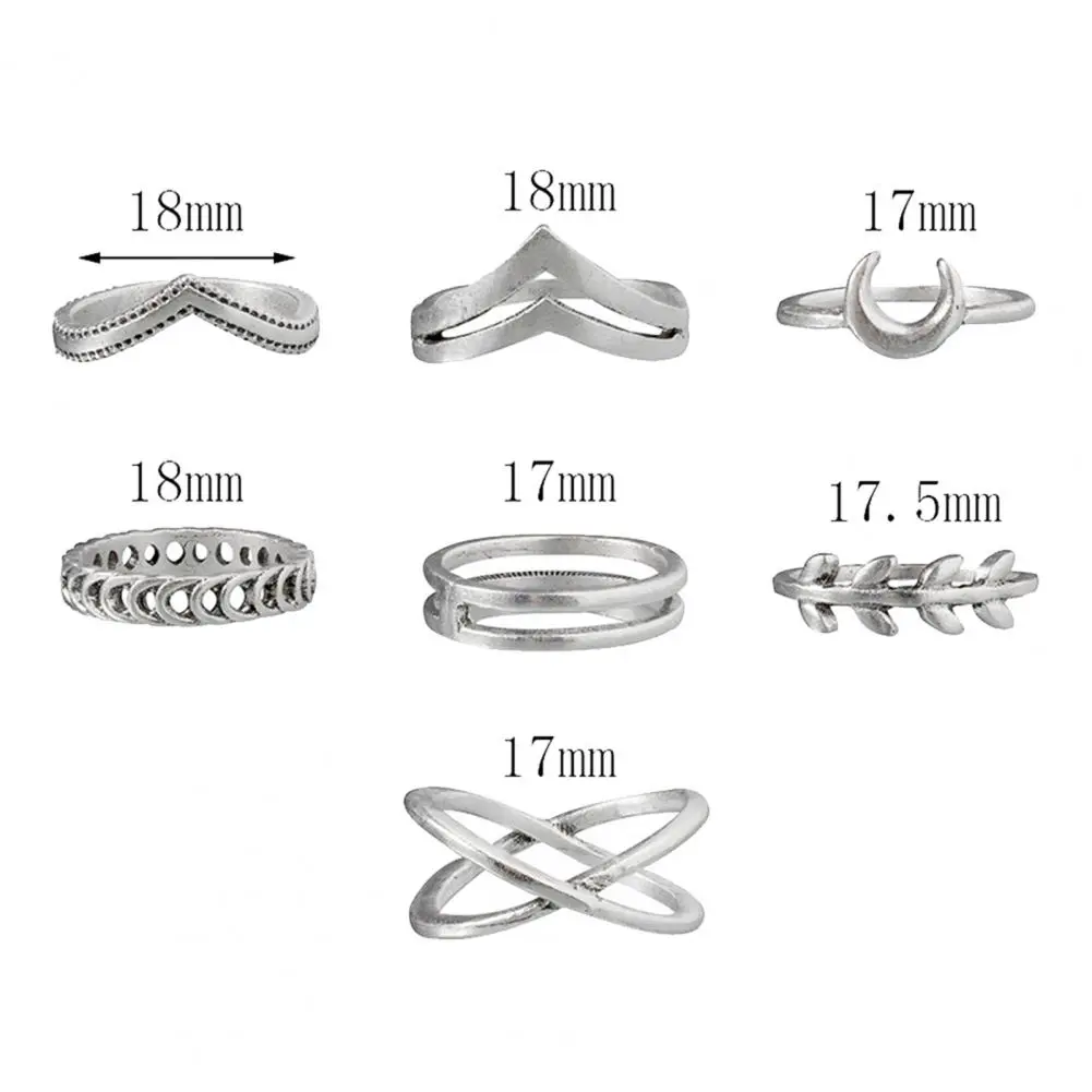 7Pcs Alloy Finger Rings Cross Moon Electroplate Leaf Shap Rings Vintage Leaf 7-Piece Ring Set