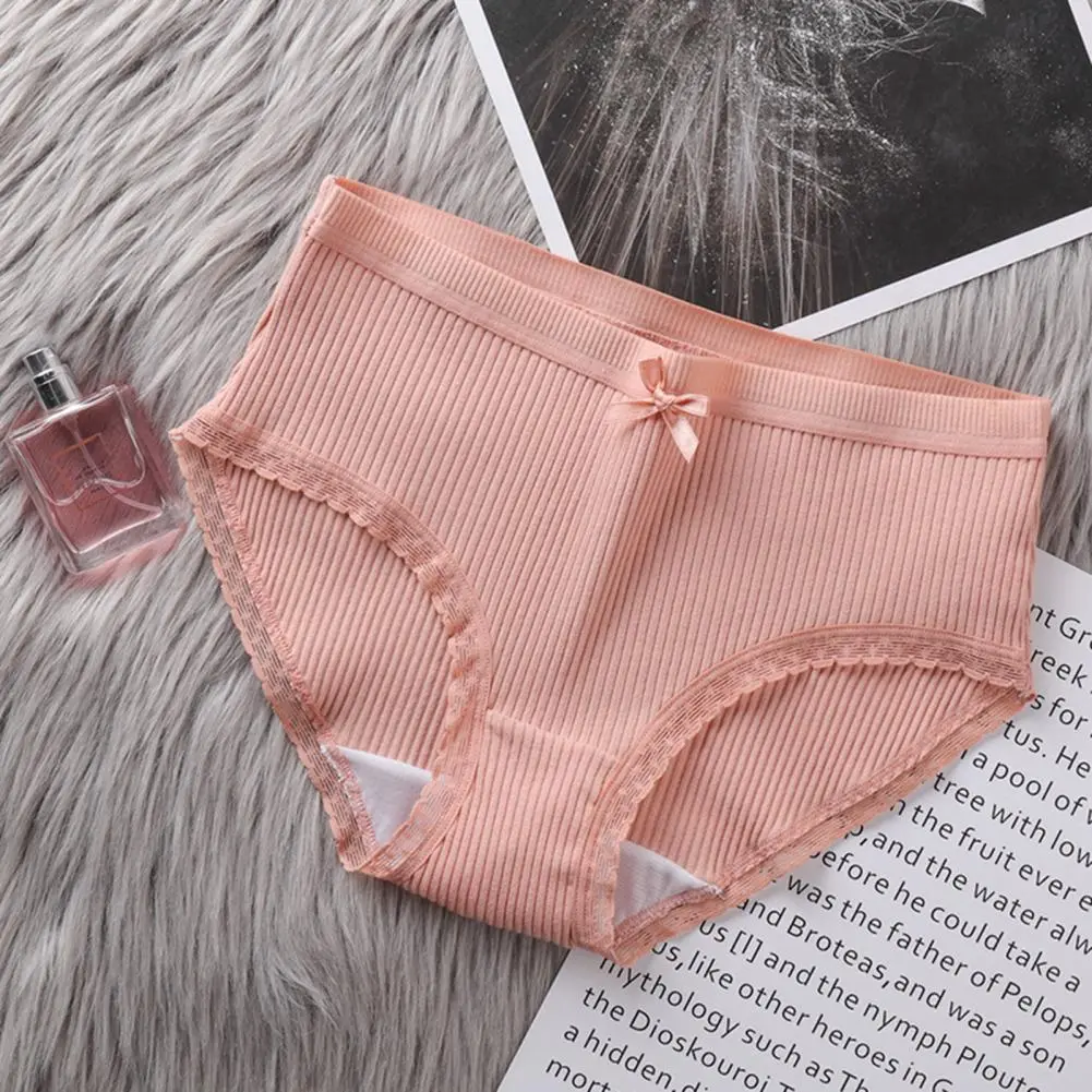 Women Panties Bow Decor Thread Ribbed Panties Solid Color Soft Elastic Anti-septic Lady Briefs Female Underpants Lady Briefs