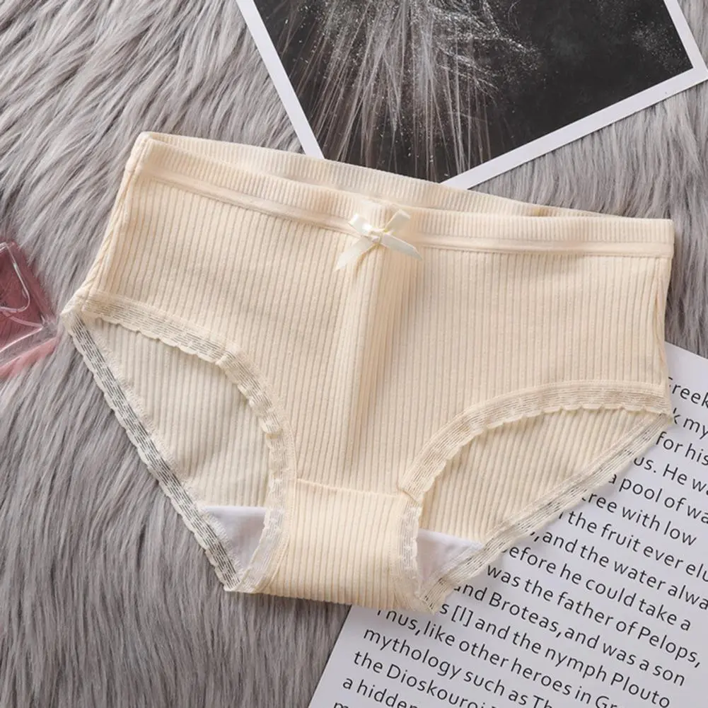 Women Panties Bow Decor Thread Ribbed Panties Solid Color Soft Elastic Anti-septic Lady Briefs Female Underpants Lady Briefs