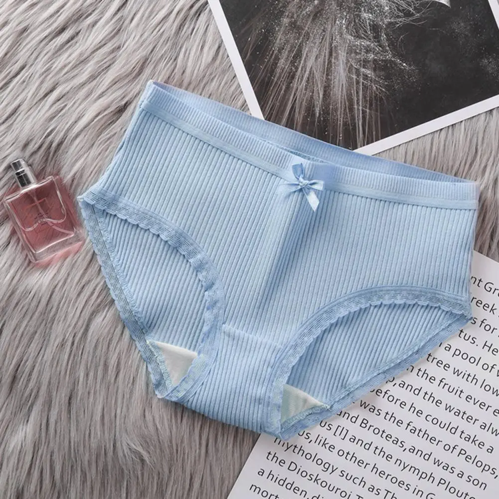 Women Panties Bow Decor Thread Ribbed Panties Solid Color Soft Elastic Anti-septic Lady Briefs Female Underpants Lady Briefs