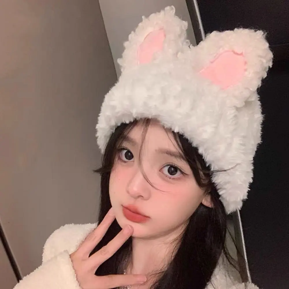 Trendy Brimless Beanie Knitted Brimless Hat Stylish Fluffy Rabbit Ears Knitted Hat Warm Winter Beanie for Women Lovely Thickened