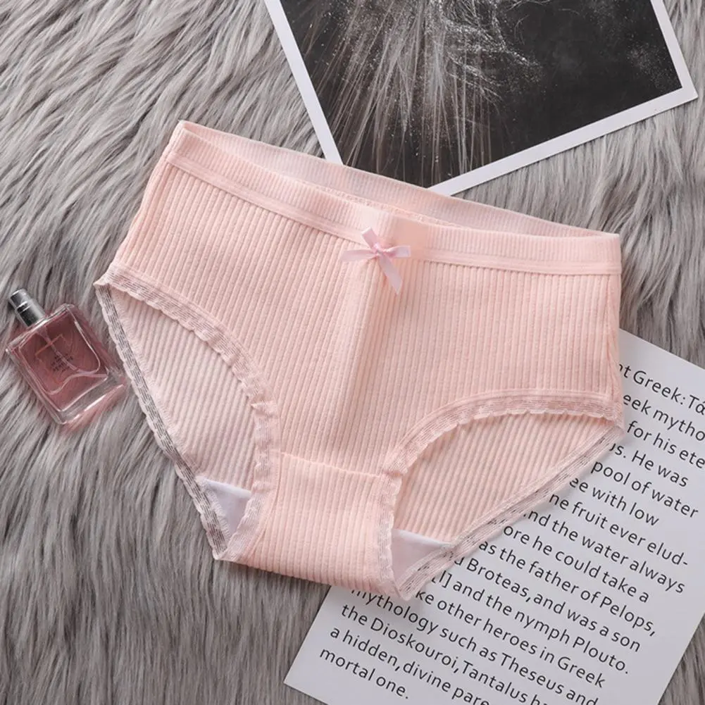 Women Panties Bow Decor Thread Ribbed Panties Solid Color Soft Elastic Anti-septic Lady Briefs Female Underpants Lady Briefs