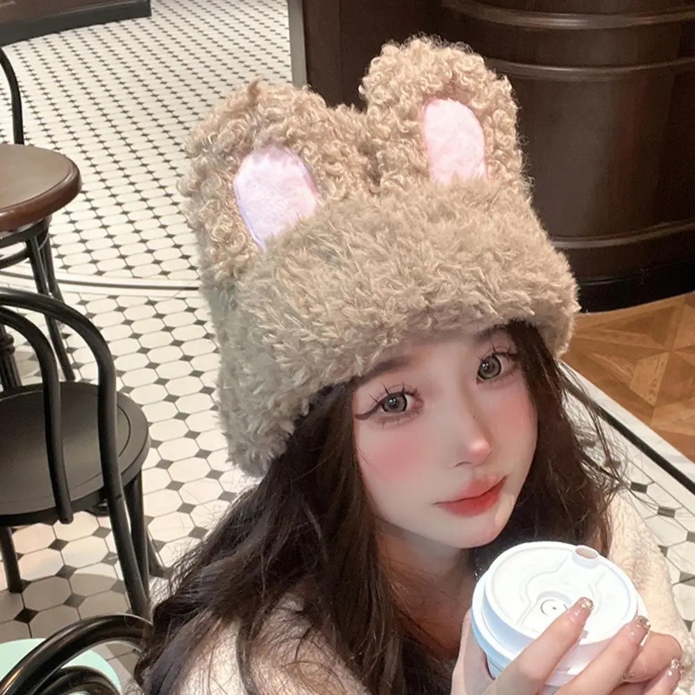 Trendy Brimless Beanie Knitted Brimless Hat Stylish Fluffy Rabbit Ears Knitted Hat Warm Winter Beanie for Women Lovely Thickened