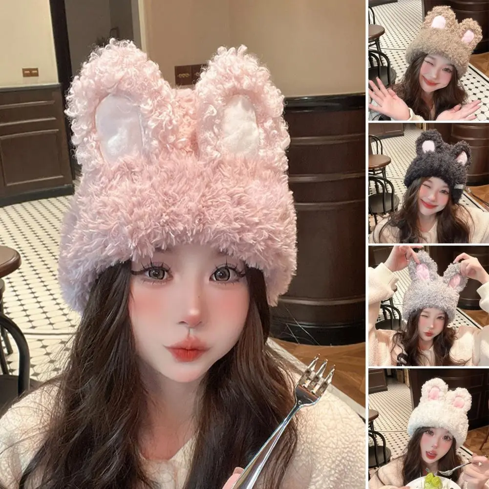 Trendy Brimless Beanie Knitted Brimless Hat Stylish Fluffy Rabbit Ears Knitted Hat Warm Winter Beanie for Women Lovely Thickened