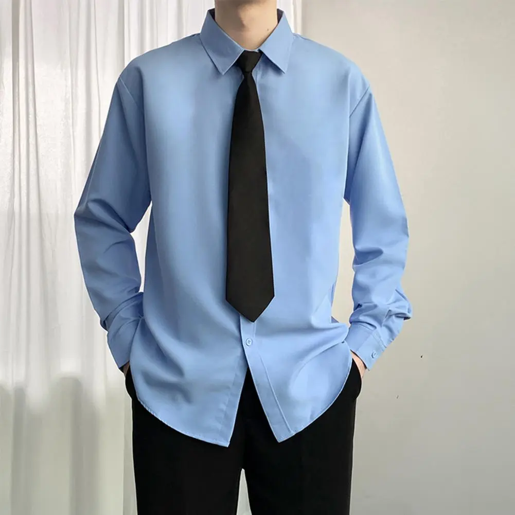 Spring Men Shirt with Tie Business School Style Young Men Lapel Shirt Single-breasted Long/Short Sleeves Loose Formal Shirt