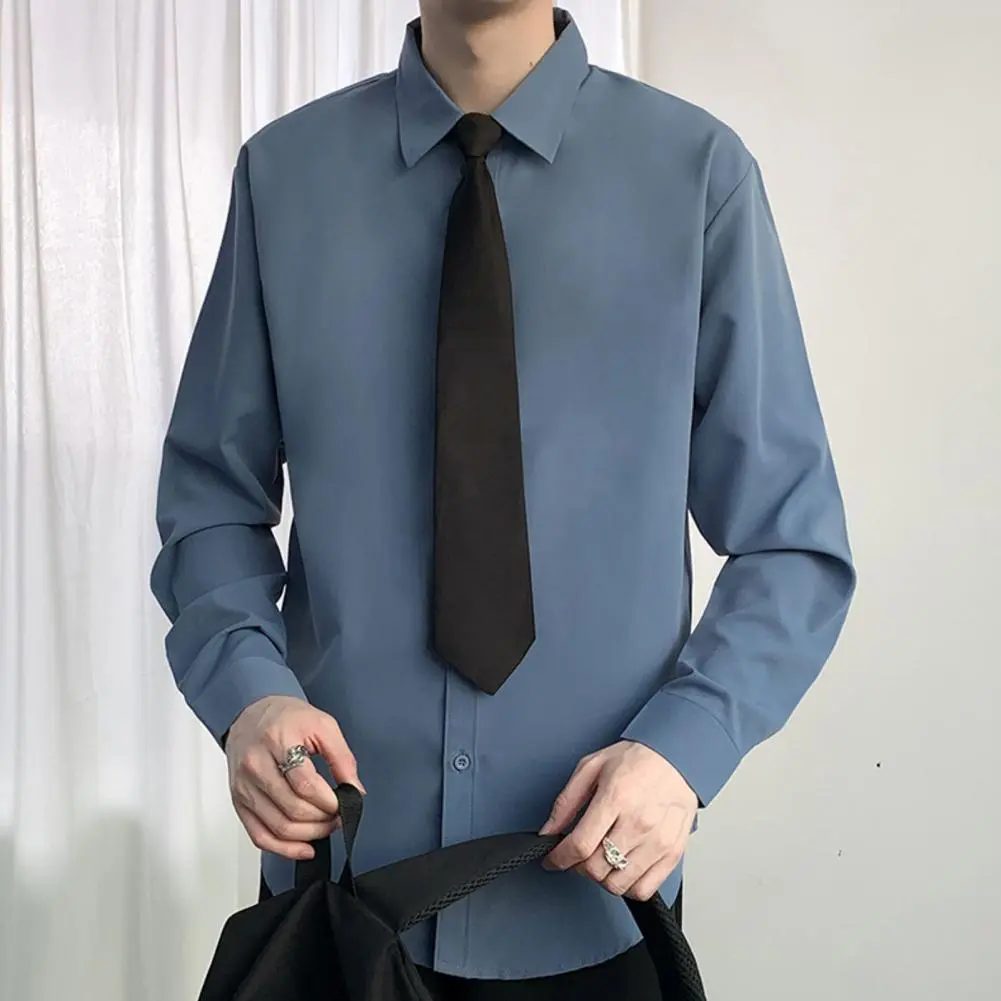 Spring Men Shirt with Tie Business School Style Young Men Lapel Shirt Single-breasted Long/Short Sleeves Loose Formal Shirt
