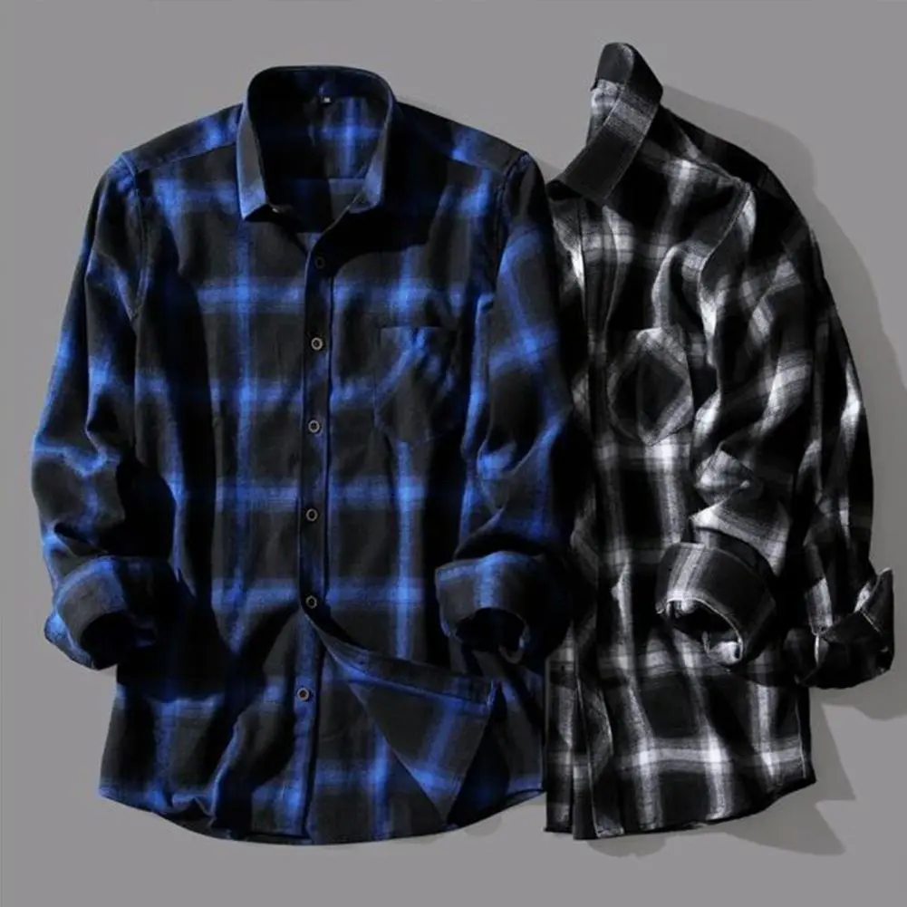 2025 Men Spring Shirt Plaid Print Long Sleeves Contrast Colors Turn-down Collar Lapel Shirt Warm Single-breasted Buttons Coat