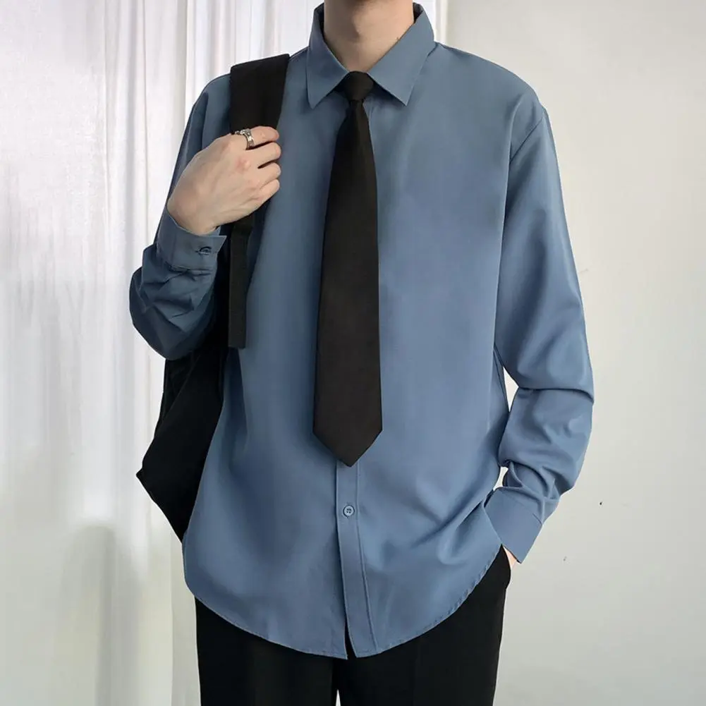 Spring Men Shirt with Tie Business School Style Young Men Lapel Shirt Single-breasted Long/Short Sleeves Loose Formal Shirt